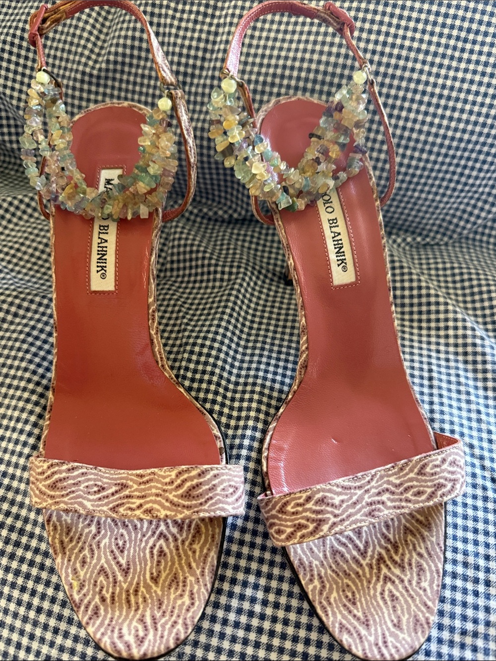 Manolo Blahnik Strappy Pink Patterned High Heel Sandals - Picture 4 of 11